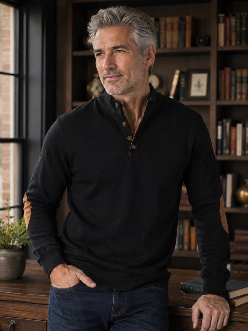 Men's Black Henley Pullover with Tan Elbow Patches